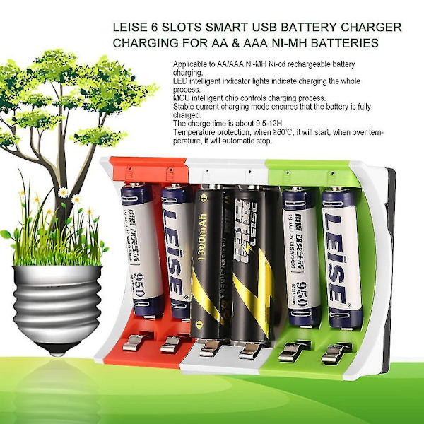 Leise 6-stikkers Smart USB Batterilader for AA AAA Batterier