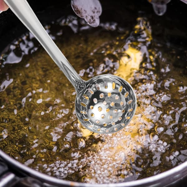 Rilletteskje i rustfritt stål med krok, langskaftet øse til hot pot