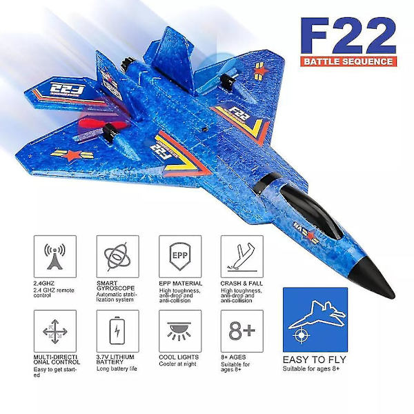 F22 2.4g Fjärrkontroll Rc Plan 3-axlig Gyro 2ch Jetflygplan Fighter Rtf Blue
