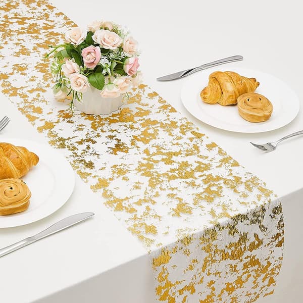 Gullfarget polyester bordløper 4,6 m lang elegant og elegant spisebordsdekorasjon