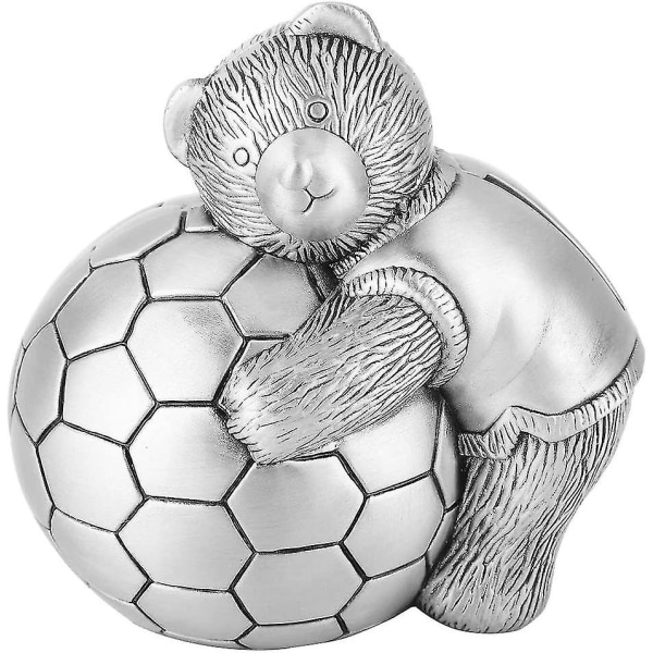Metalmøntbank, lille bjørn med fodboldsparegris møntbesparende gryde Hjemmeindretning Gave til børn Drenge Piger (1 stk, sølv)