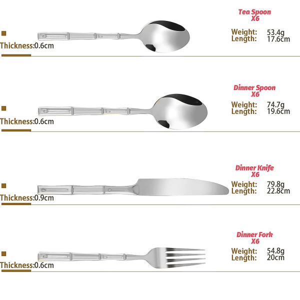 Bestikksett 24-delers rustfritt stål Gull Sølvtøysett Service For 6,gafler Skjeer Kniver til hjemmet
