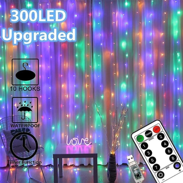 Vindusgardinlys 300LED USB Feelysslyng med fjernkontroll