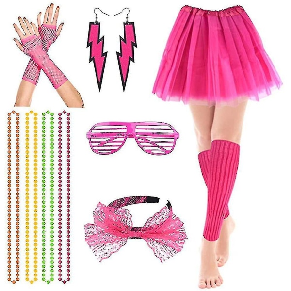 Retro 6 Pcs/set Women 80s Fancy Themed Costume Set Earrings Necklace Fishnet Gloves Tutu Skirt Leg Warmers