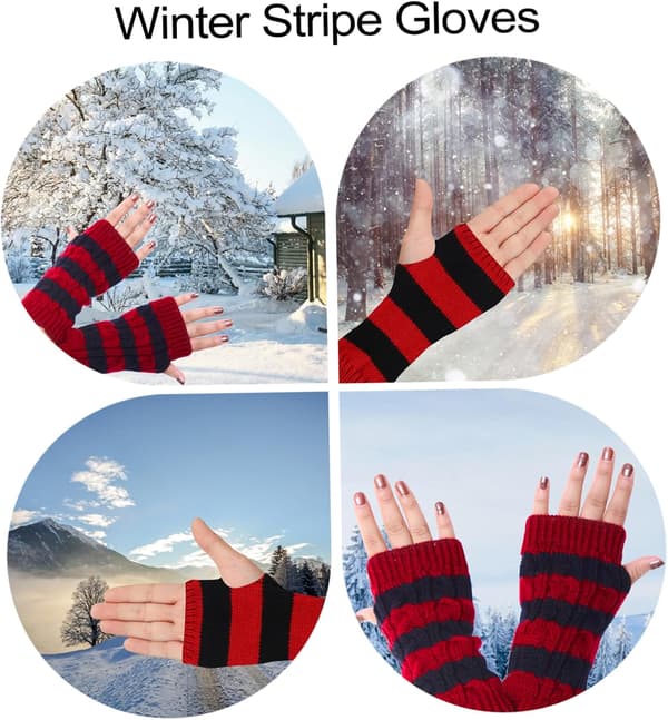 Vinter Kvinnor Halvfinger Stickade Handskar Ullgarn Varma Randiga Kallvädershandskar