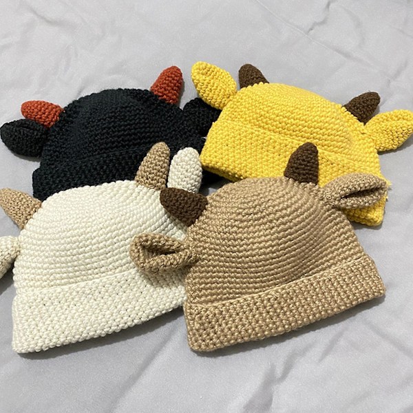 Søt Horn Ører Strikket Lue Beanie Lue Ullhatt All-match For Gatefotografering Black