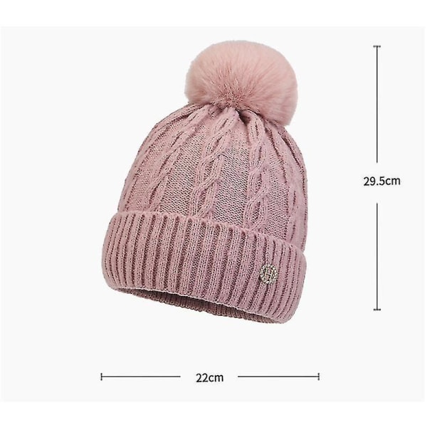 Hatt for kvinner i kabelstrikk, varm vinterlue med pompom, strikket termisk beanie, 1 stk, rosa