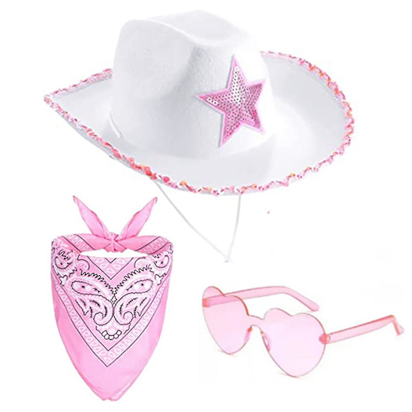 Cowboyhatt med paljetter, fransar, justerbar halsrem, hatt i vuxenstorlek för kostymfest, klä upp sig 3PCS