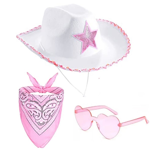 Cowgirl-hatter Ku-jentelue med paljettkant frynser, justerbar halsstreng, lue i voksen størrelse for kostymefest, leke-påkledning 3PCS