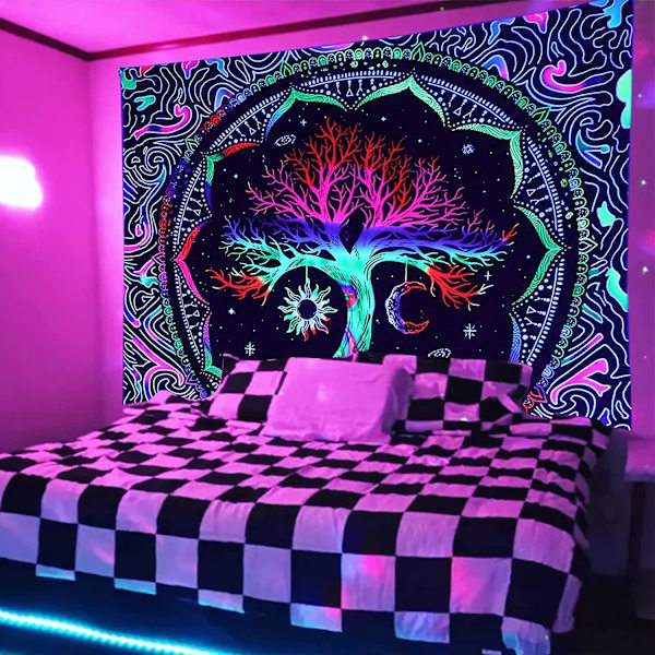 Elämänpuun seinävaate, Mandala-aurinko ja -kuu seinävaate, Hippie UV-reaktiivinen seinäkoriste