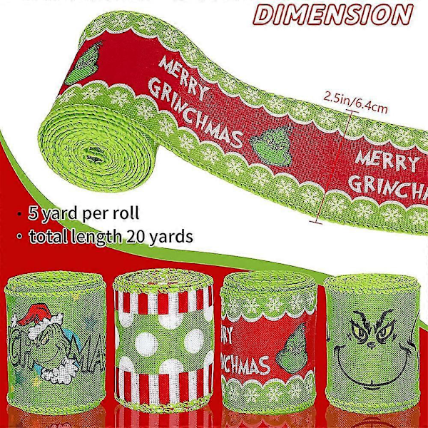Grinchs Julband - 4,5m 2,5 tum Julgåva Grinchs Inslagningsband, Dekorationer För Julgran Krans Bågar Set of 4