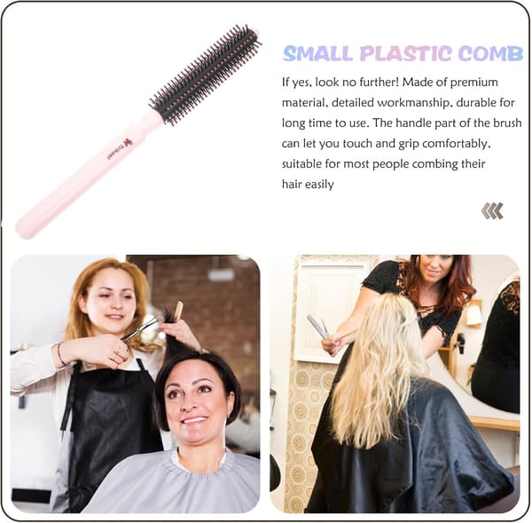 Mini rund hårborste för kvinnor, rosa plastfönborste, resevänligt stylingverktyg