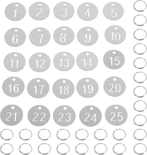 25 st numrerade nyckelringar i rostfritt stål, 30 mm diameter, runda nummer-ID-brickor med ringar