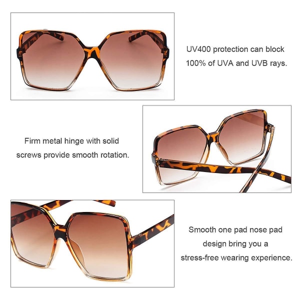 Overdimensjonerte firkantede solbriller Kvinner Stor Stor Frame Solbriller Vintage Fashion Shades UV-beskyttelse