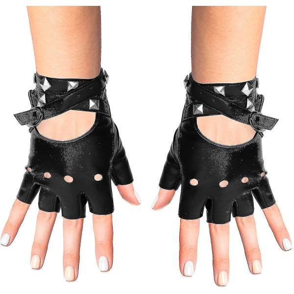 Fingerløse handsker i imiteret læder - Sorte Biker Punk handsker med bæltelukning og nittedesign