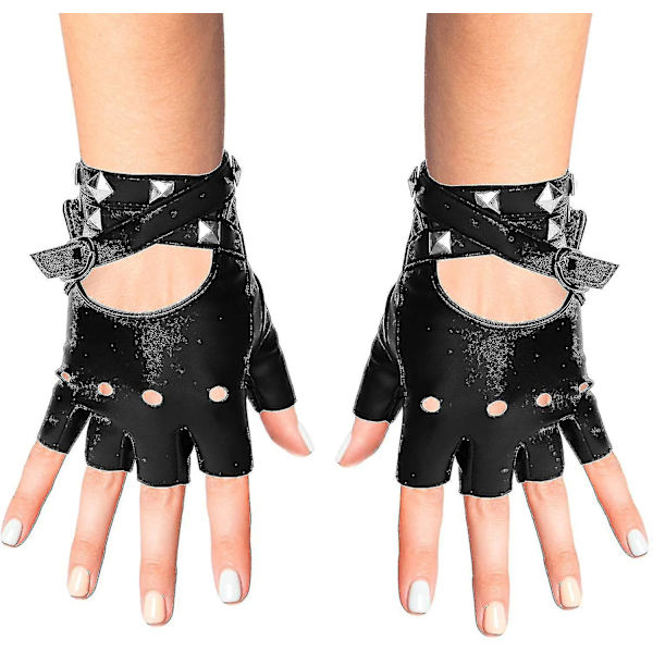 Fingerløse Kunstlæderhandsker - Sorte Biker Punk Handsker Med Bæltelukning Og Nitter Design