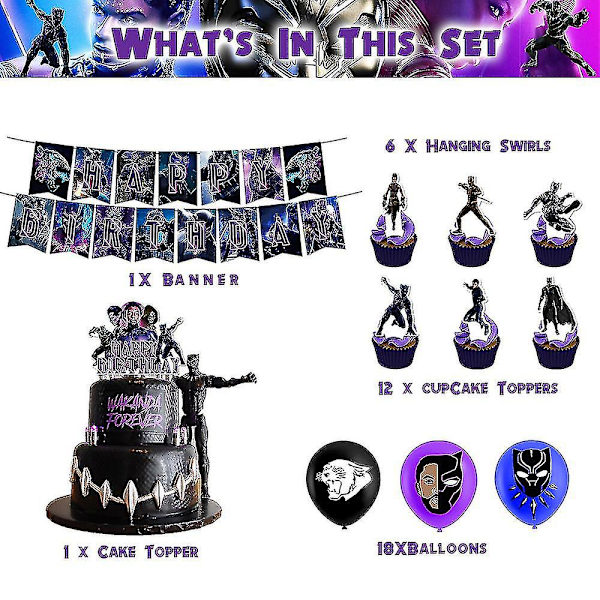 Hjemmedekoration Black Panther Tema Festforsyninger Kit Sæt Balloner Banner Kage Toppers Dekorationer