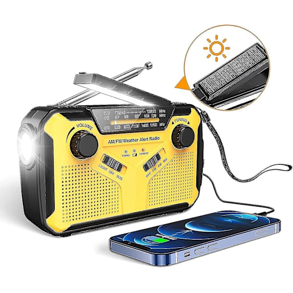 Nødradio med håndsveiv, bærbar solcelle, AM/FM NOAA værradio med LED-lommelykt