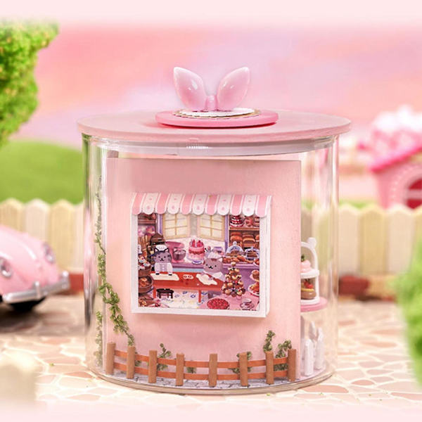 3D-nukkekoti DIY-miniatyyri puukalusteilla, mini-LED-puunukkekoti