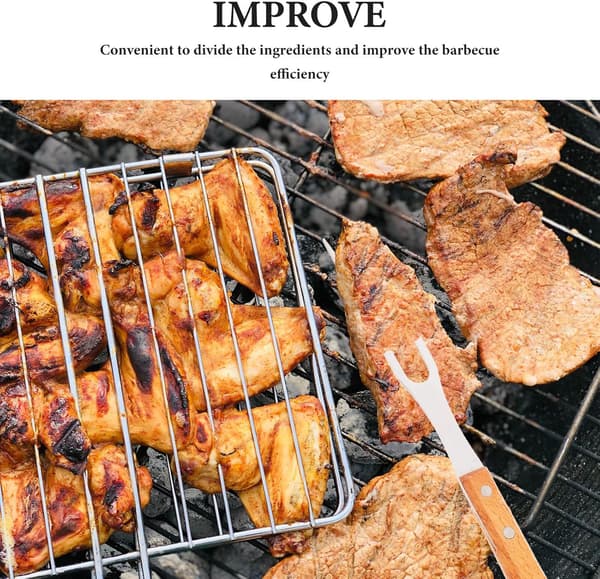 Grillgaffel i rustfritt stål med trehåndtak, multifunksjonell design, kokkegaffel