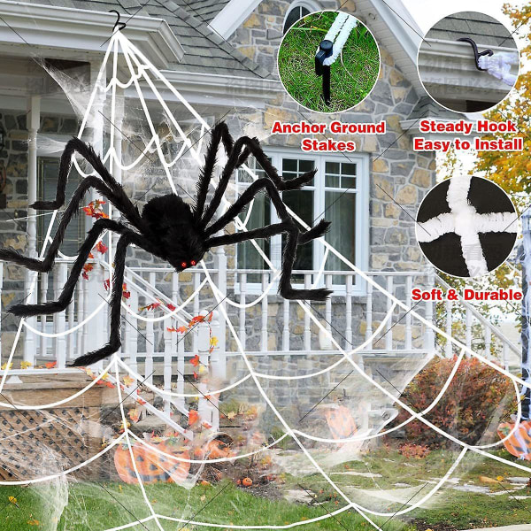 Halloween-dekorationsspindelnät, 7 m spindelnät + 2 m plyschspindel + 50 g spindelbomull + 30 små spindlar