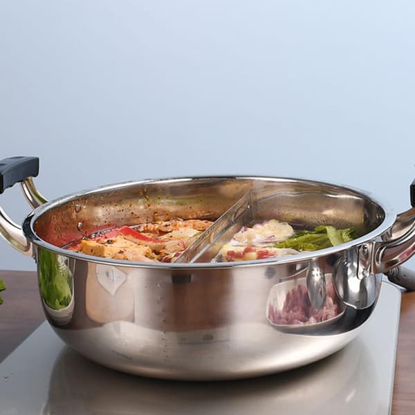 Stor rustfri stål Hot Pot med skillevegg Dobbelthåndtak Gjenbrukbar Solid Sølvpanne