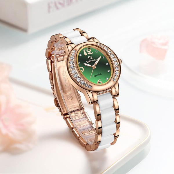 Ny verdig sjenerøs stil mote oval klokke kvinnelig temperament Trend dameklokke med diamanter Rose gold green plate