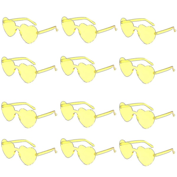 12 Par Hjerteformede Solbriller, Kantløse Hjertebriller Bachelorette Solbriller Transparente Slikfarvede Hjertebriller Til Kvinder Teenagere Festgaver f Yellow