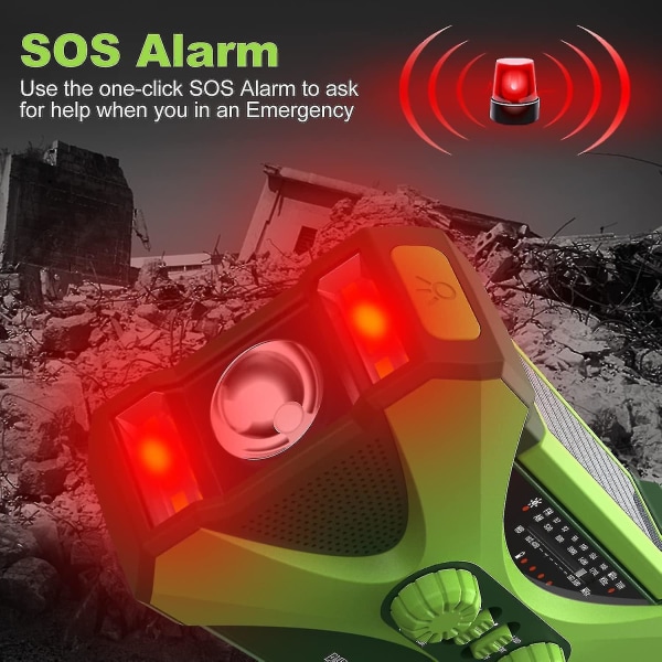 10000mAh Nödradio, Solcellsvevradio, Bärbar AM/FM/NOAA Väderradio med Telefonladdare, Ficklampa, SOS-Alarm Green
