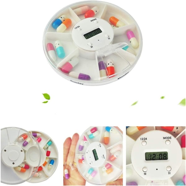 Elektronisk pilleboks med timer, 5 påminnelser, 7 rom