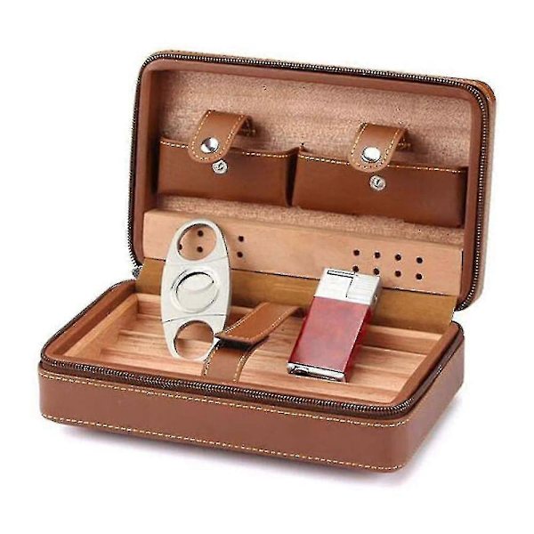 Læder Rejse Cigar Humidor Etui, Bærbar, Til 4 Cigarer