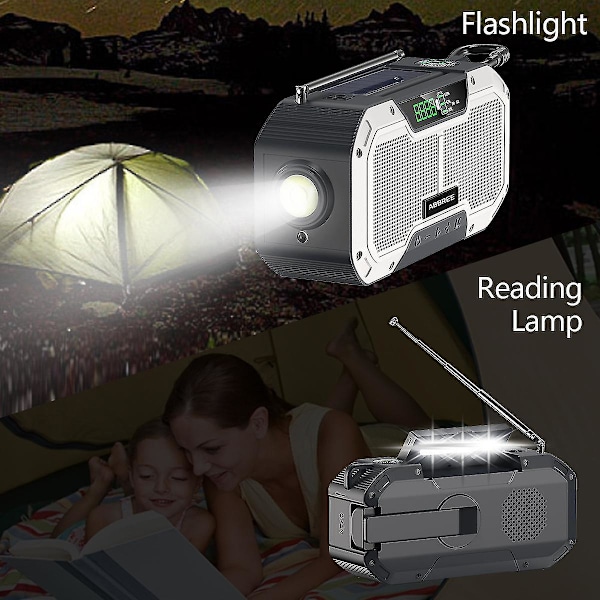 Ipx5 Vandtæt Autoscan Nødradio Solenergi Håndsvingbar Bærbar Am/fm Radio 2000/ Til Udendørs Med Lommelygte as pic 1