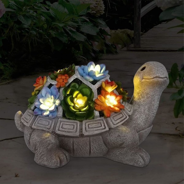 Solcelled Havefigur Skildpadde Statue Med Sukkulenter Og 7 LED Lys