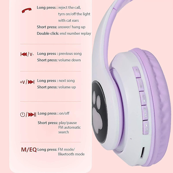 Bluetooth Headset Hovedtelefon Kreativ Katteøre Stereo Over-øre Gaming Bas Headset Støjreducerende Øretelefon