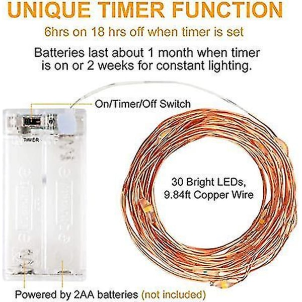 3 Pakk Feelysslysr med Timer Batteri Kobbertråd 30 LED Jul