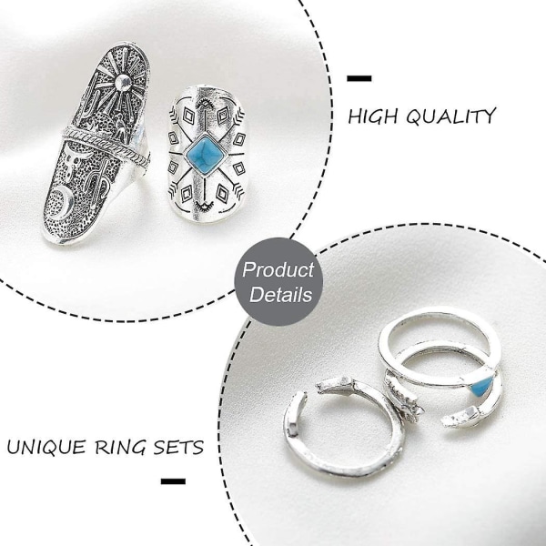 Boho Rings Set Silver Turkos Stapelbara Finger Ringar Justerbar Öppen Ring Midi Size Ring Set för kvinnor och flickor 9st