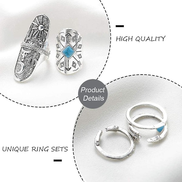 Boho Ringset Silver Turkos Stapelbara Fingerringar Justerbar Öppen Ring Midi Storlek Ringset För Kvinnor Och Flickor 9st