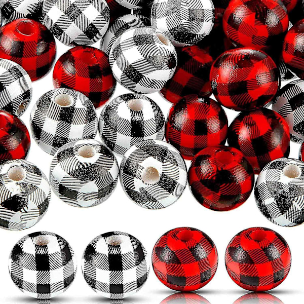 100 st Plaid Träpärlor Buffelrutig Rund Pärla