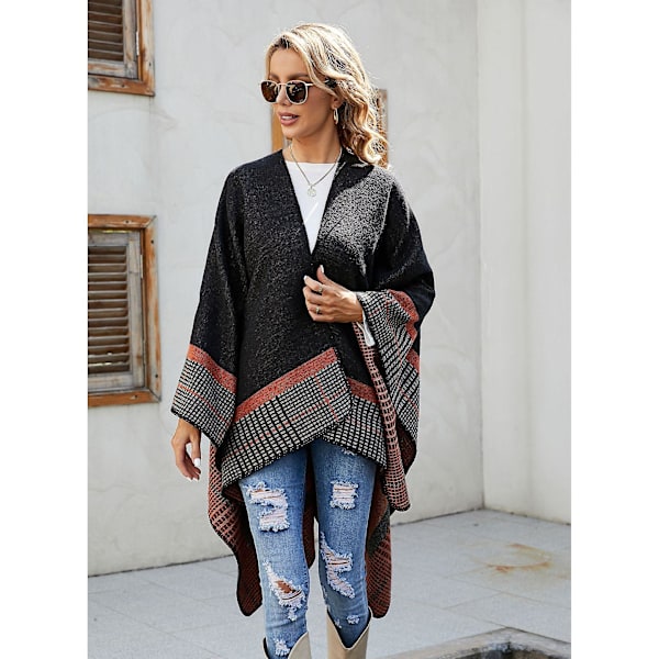 Naisten Lämmin Avoin Etuosa Shaalit Ja Huivit Elegantti Neuletakki Poncho Cape Takki Black and orange