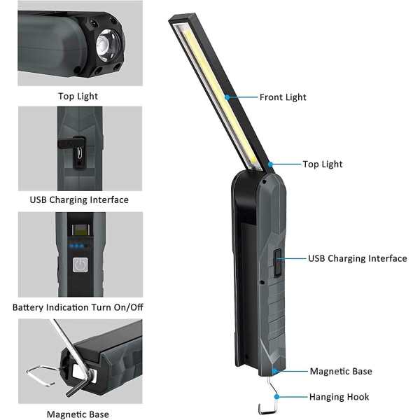 2 Genopladelige LED Arbejdslys, 5 Tilstande Foldbar Mekanisk Lygte Arbejdslys Grey