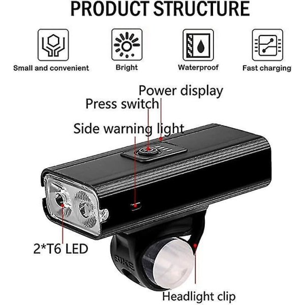 Frontcykellygter USB Genopladelig Vandtæt LED med 6 tilstande