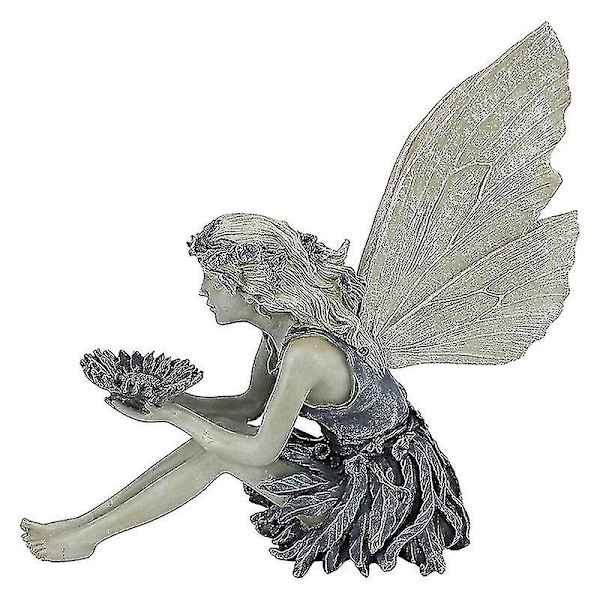 Havefigur af Resin til Haven - Siddende Fe Statue - Udendørs Dekoration til Græsset