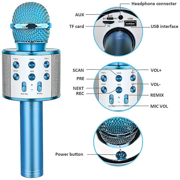 Langaton Bluetooth-karaokemikrofoni lapsille, lapsille ja aikuisille syntymäpäiväjuhliin KTV:hen jouluksi Blue