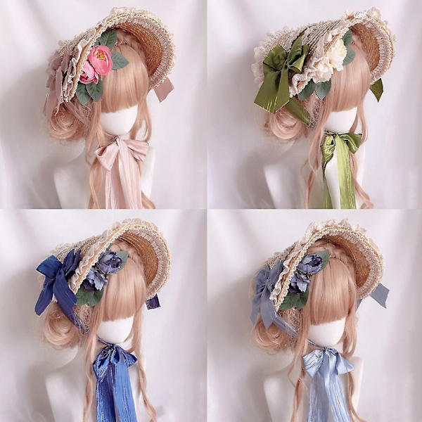 Monivärinen ranskalainen Bonnet-hattu Auringonsuojahuttu Olkihattu Lolita-hattu Naisille ja Tytöille Blue