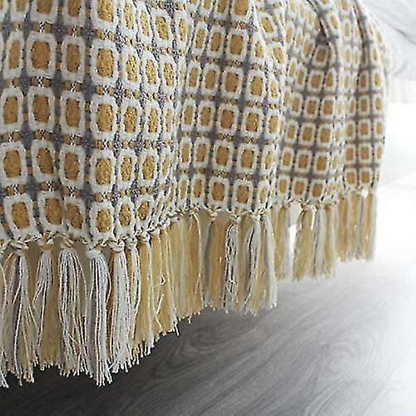 Pledd Gult Rutete Varmt Seng Sofa Kast med Frynser