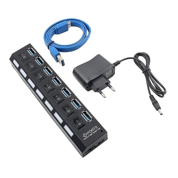 Kompakt USB 3.0 høyhastighets 7-porters hub med strømforsyning
