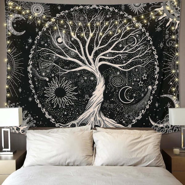 Tree Of Life Tapestry Moon and Black Sun Seinään ripustettava psykedeelinen kuvakudos Starry Mandala Hippie Wall Tapestry Seinäkoristeet makuuhuoneen asuntolan juhliin (130x