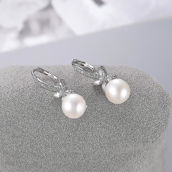 Pearl Dangle Earrings, 925 Sterling Silver Pearl Earrings Leverback Design, Cz Diamond Pearl Earrings For Women, Ladies 8mm-10mm, Gift For Women