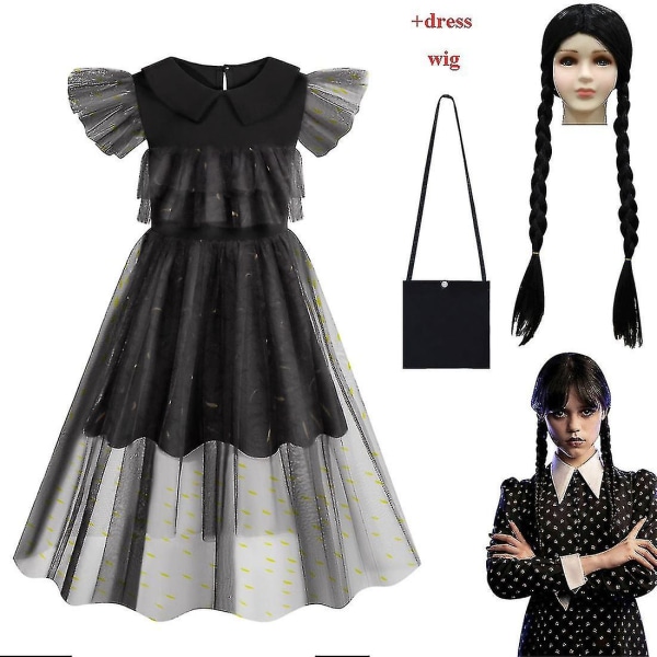 Lasten keskiviikon Addams-asu, pitsiperuukki, tytöt, goottilaiset vintage asut, roolileikkipuku 140cm dress wig bag A