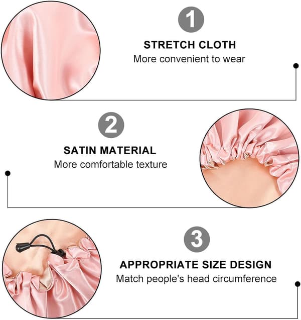 3 stk. justerbare satin-hårhætter til søvn og bad, dobbeltlagsdesign med elastisk kant, til indpakning af hår